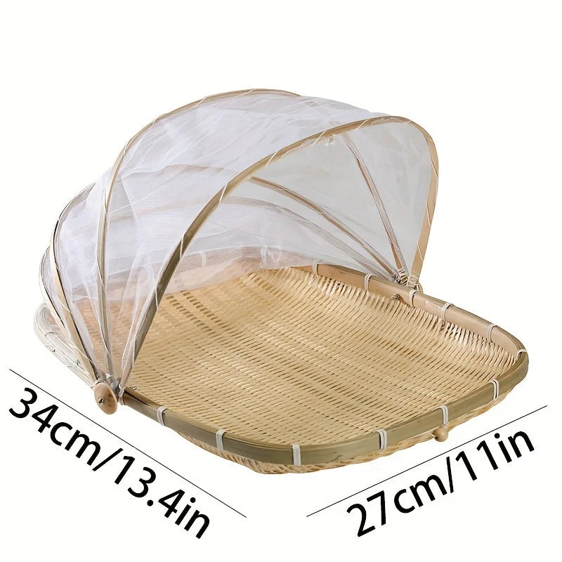 Round Bamboo Picnic Basket with Mesh Cover for Indoor & Outdoor Use