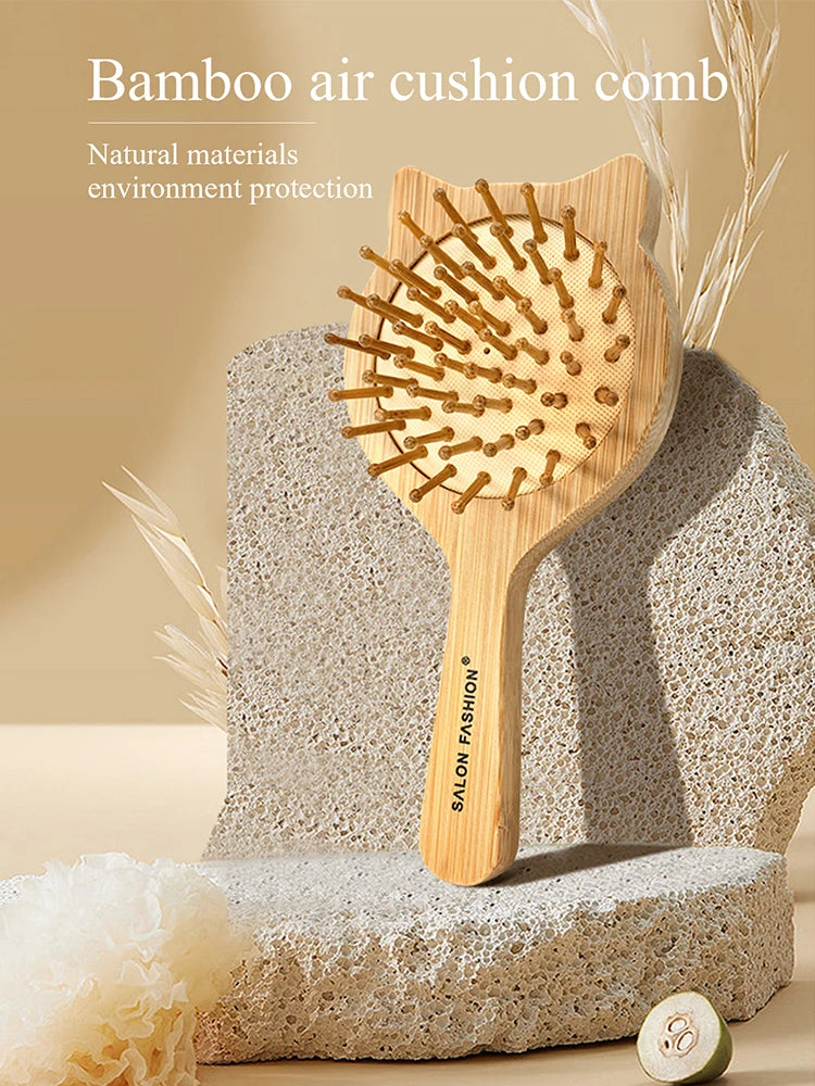 Natural Bamboo Hair Brush Air Cushion Detangling Comb