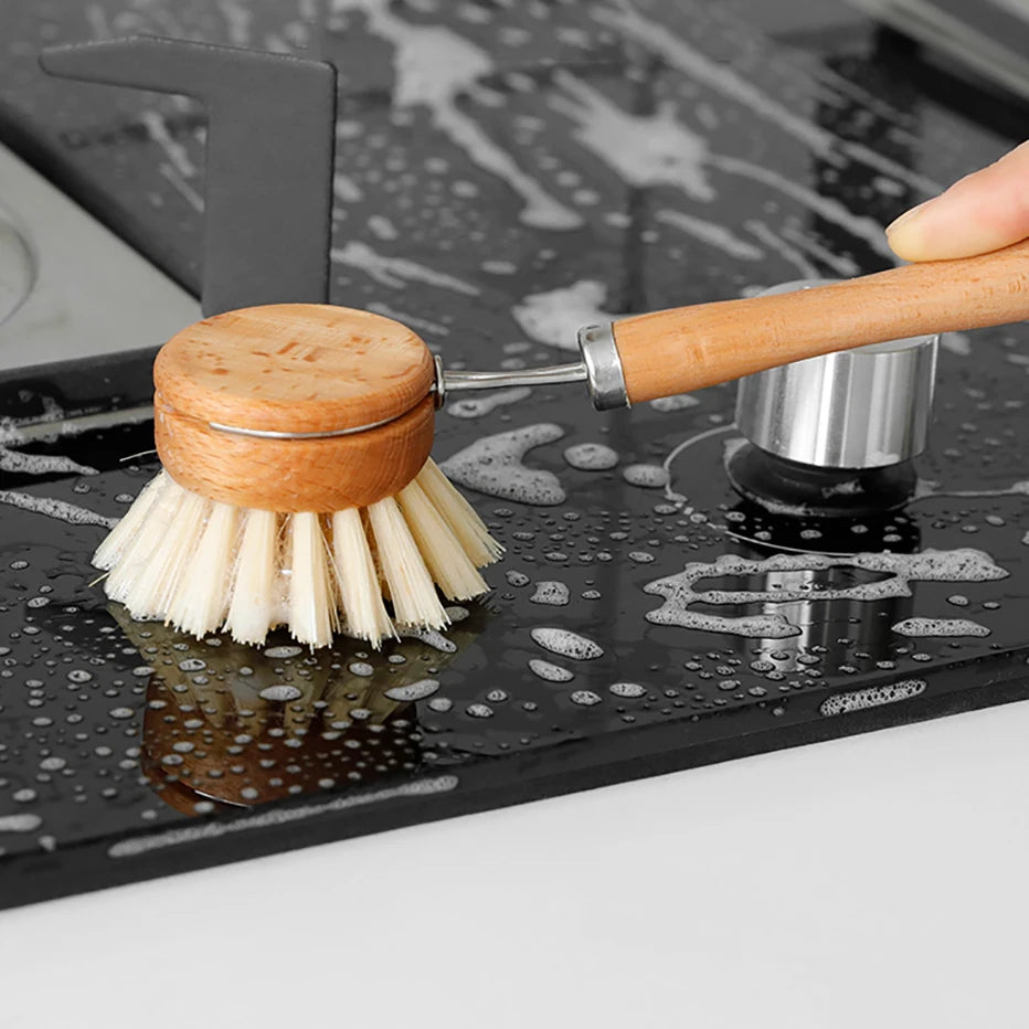 Bamboo Kitchen Cleaning Brush with Drain Tray
