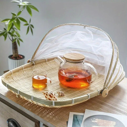 Round Bamboo Picnic Basket with Mesh Cover for Indoor & Outdoor Use