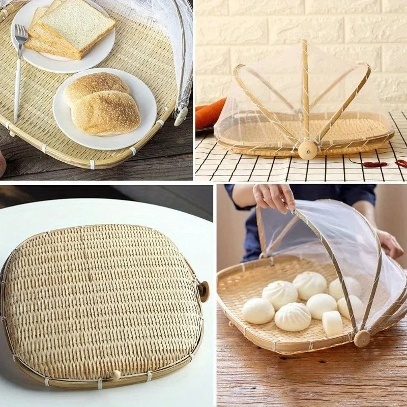 Round Bamboo Picnic Basket with Mesh Cover for Indoor & Outdoor Use