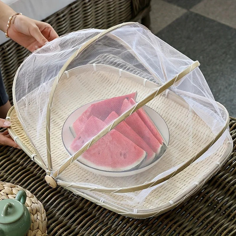 Round Bamboo Picnic Basket with Mesh Cover for Indoor & Outdoor Use