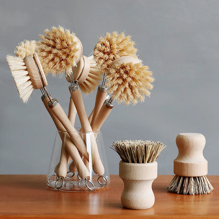 Bamboo Kitchen Cleaning Brush with Drain Tray