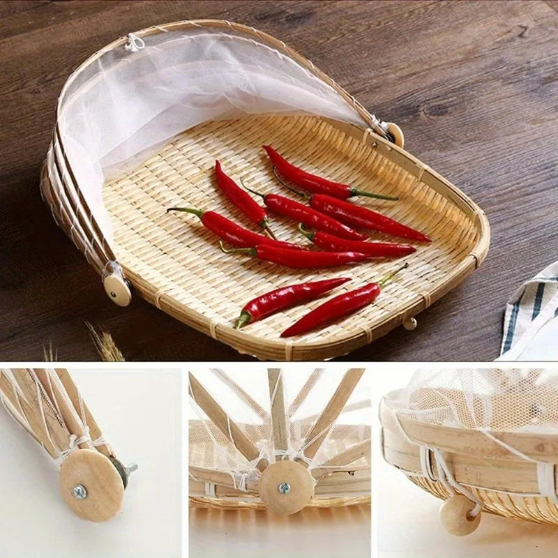 Round Bamboo Picnic Basket with Mesh Cover for Indoor & Outdoor Use