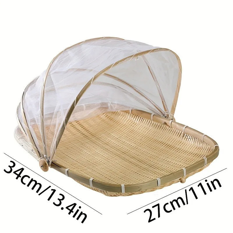Round Bamboo Picnic Basket with Mesh Cover for Indoor & Outdoor Use