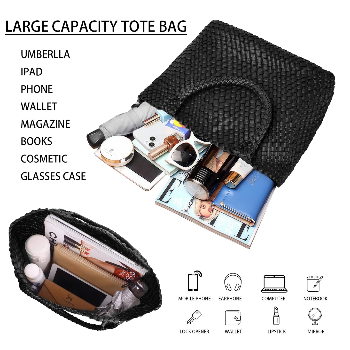 Women’s Vegan Leather Shoulder Tote Bag for Travel & Beach